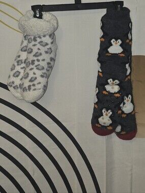 Plush Gray Leopard & Charcoal Penguin Small Pet Socks - Cozy Paw Warmers